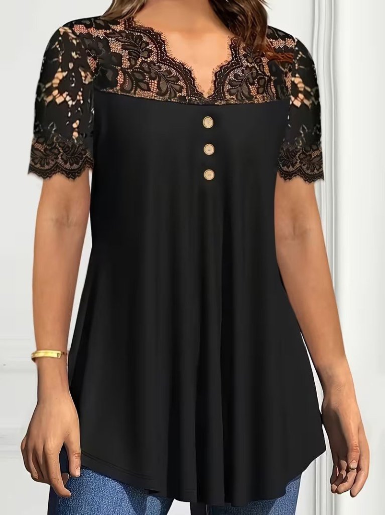 Girince 184689 Women’s Short-Sleeve V-Neck Lace-Trim Button Blouse