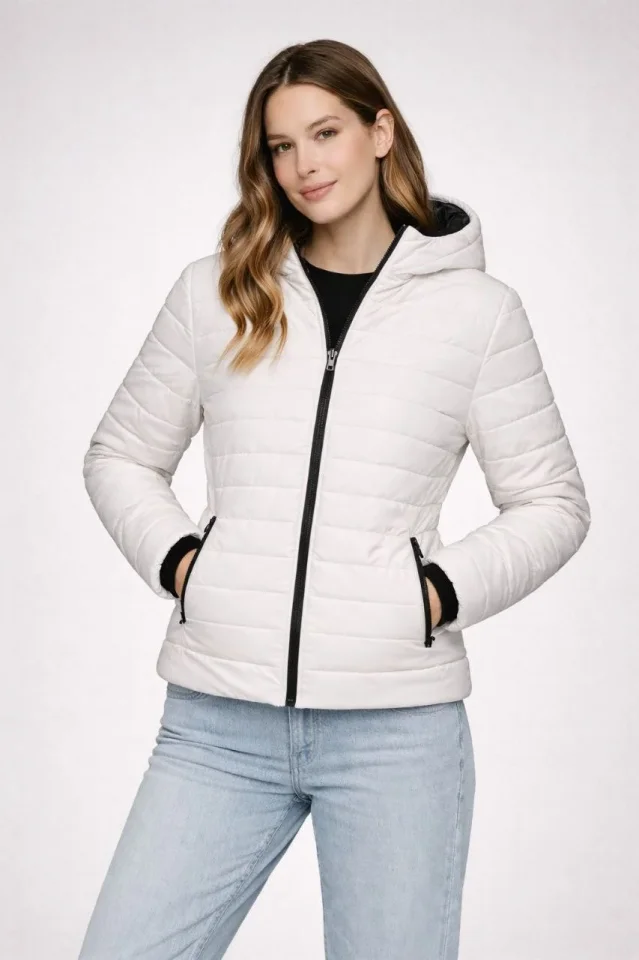 Girince 182929 Hooded Zip-Up Puffer Jacket - Cream