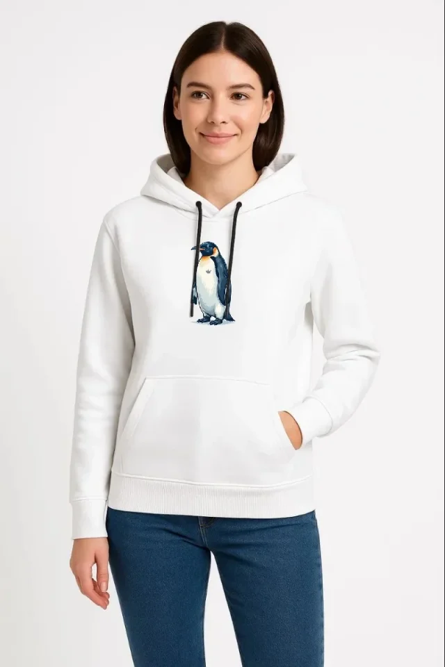 Oversize Hoodie - Sırt Baskılı Survivor Penguin Temalı, Felsefi Yazılı Kapüşonlu Sweatshirt - Beyaz