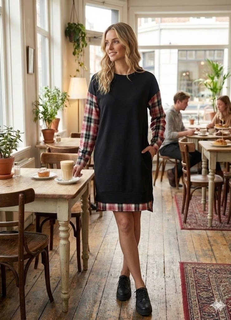 Girince 180943 Women's Crew-Neck Dress with Checked Sleeves and Back