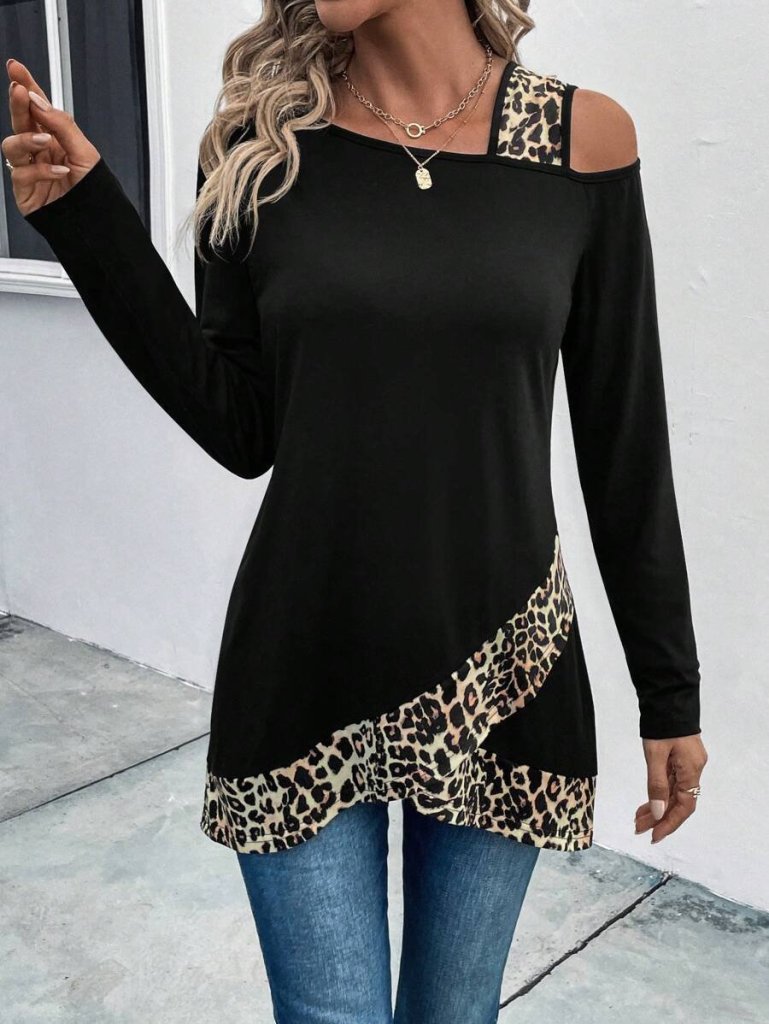 Girince 180664 Women's Long-Sleeve Leopard-Detail Blouse