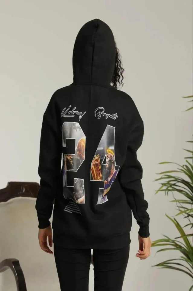 Baskılı Oversize Üç İplik Kapüşonlu Sweatshirt - Siyah