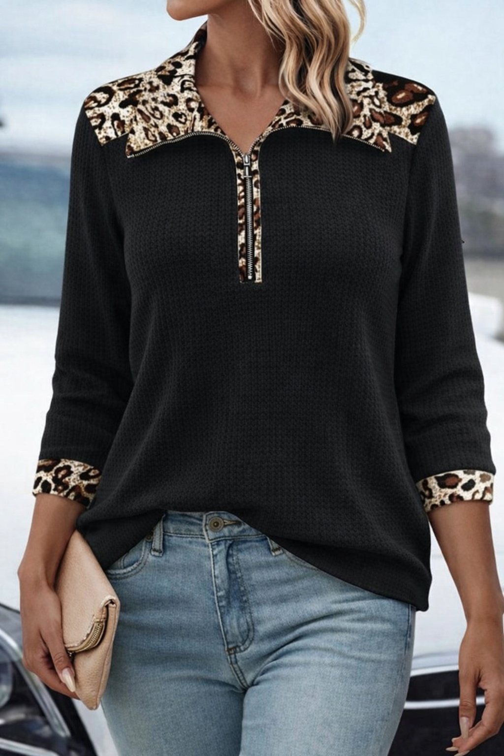 Girince 179919 Women's Long-Sleeve Leopard-Collar Zipper Waffle Blouse