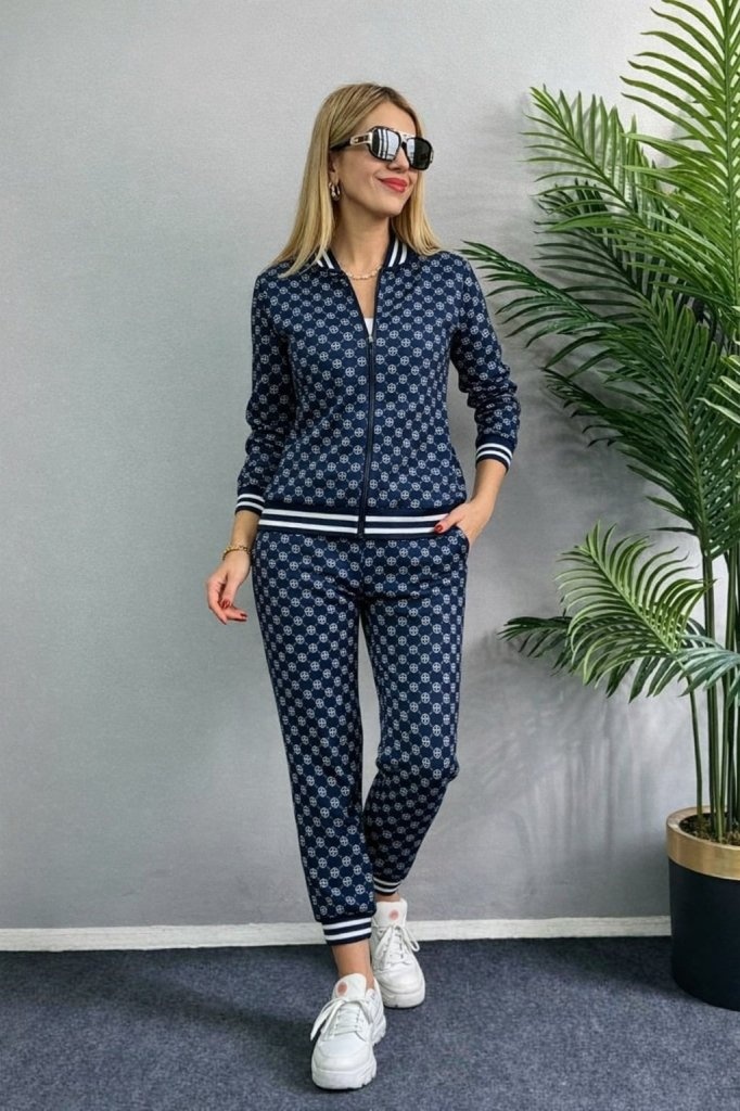 Girince 179876 Women's Patterned Zip-Front Top and Trousers Set