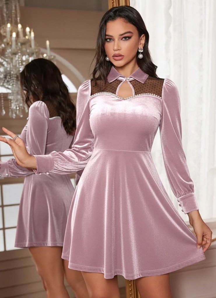 Girince 179744 Women's Long-Sleeve Mini Velvet Dress