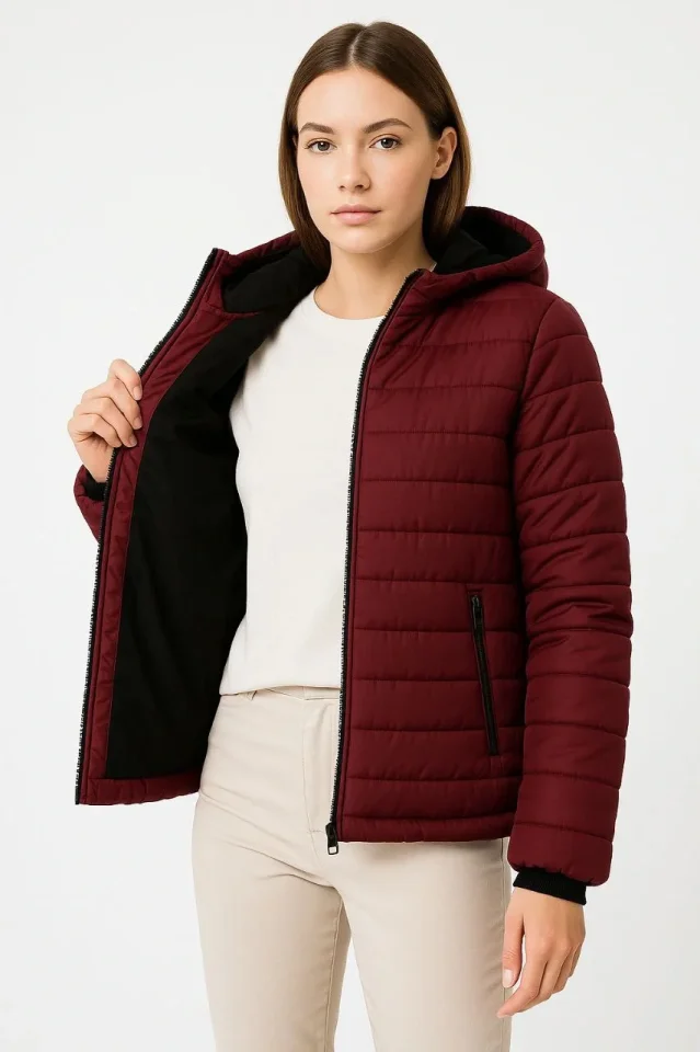 Girince 179719 Burgundy Hooded Zip Puffer Jacket