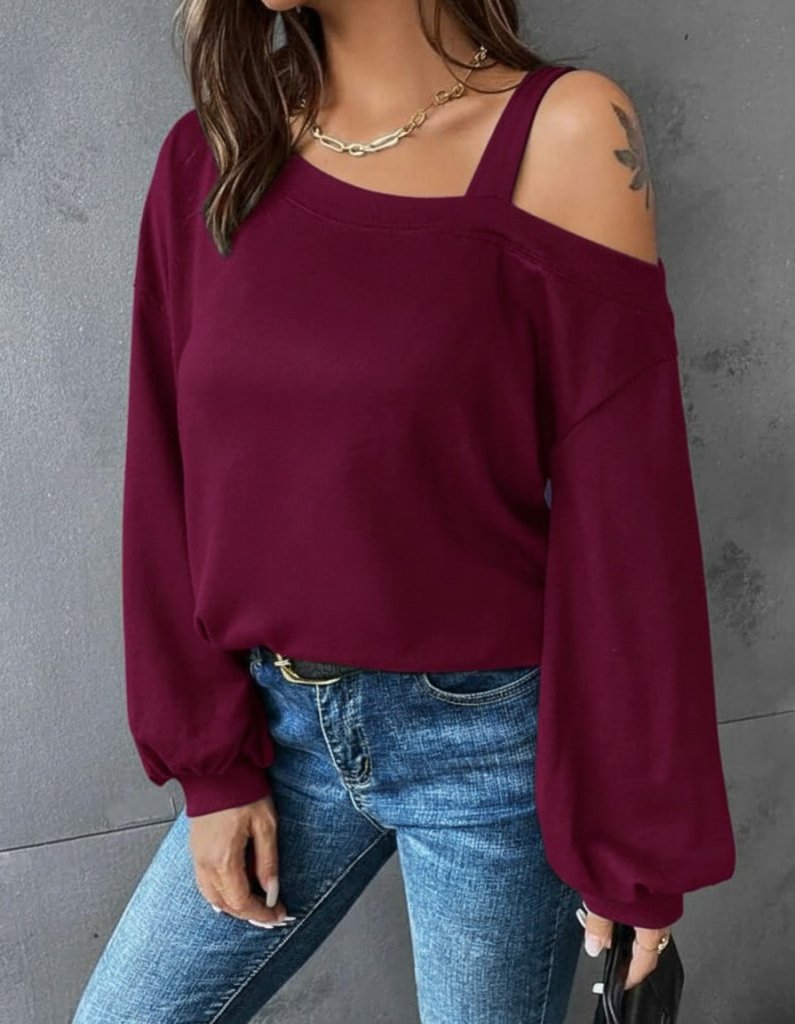 Girince 179436 Women's Long-Sleeve Loose Blouse with Single-Shoulder Strap Detail
