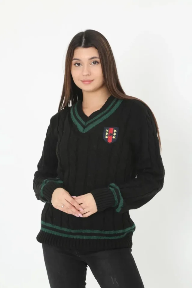 Girince 179409 Black V-Neck Cable-Knit Sweater
