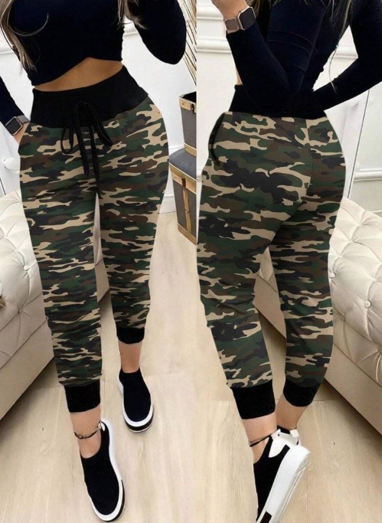 Girince 178778 Women's High-Waist Drawstring Camouflage Trousers