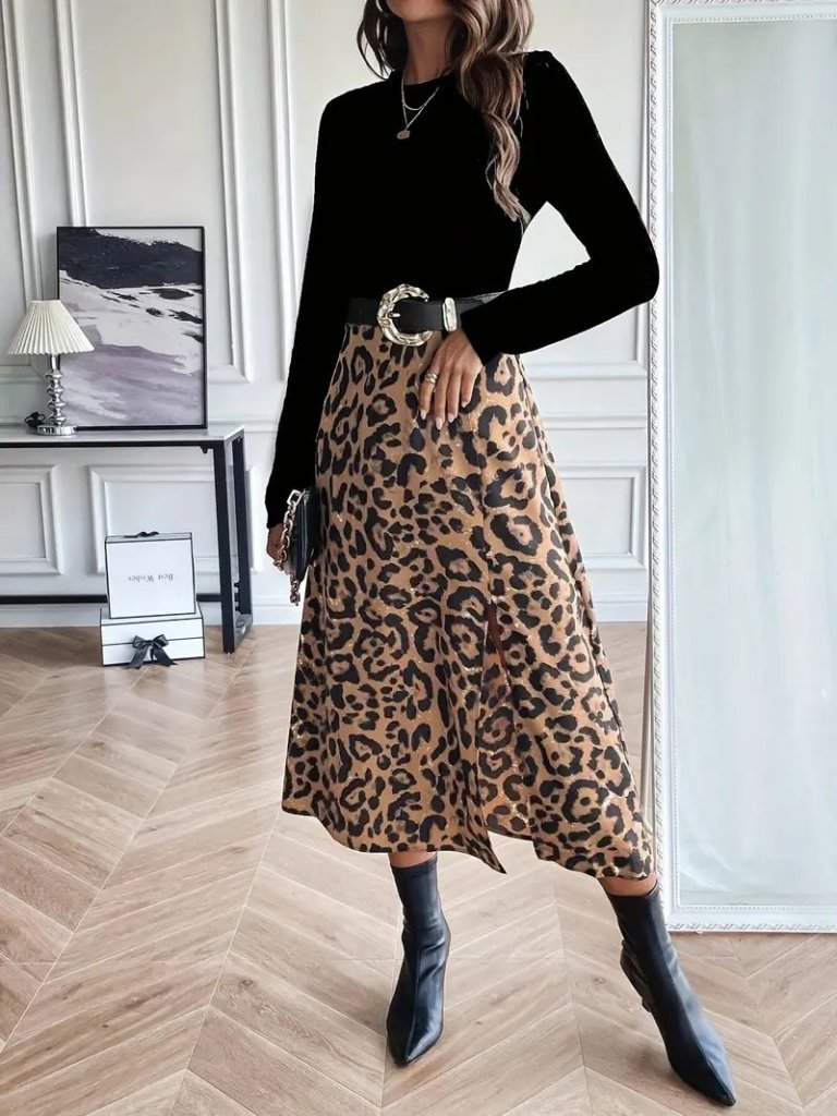 Kadın Uzun Kollu Bisiklet Yaka Ithal Krep Bluz Alt Desenli Modal Midi Elbise