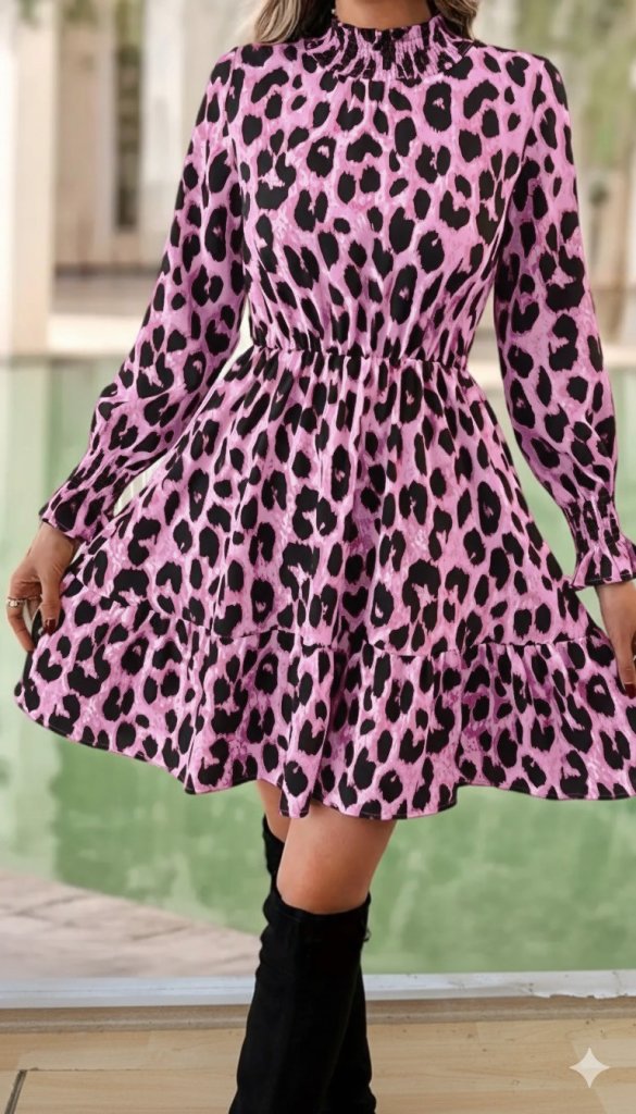 Kadın Uzun Kollu Yarı Balıkçı Yaka Leopar Desenli Modal Mini Elbise