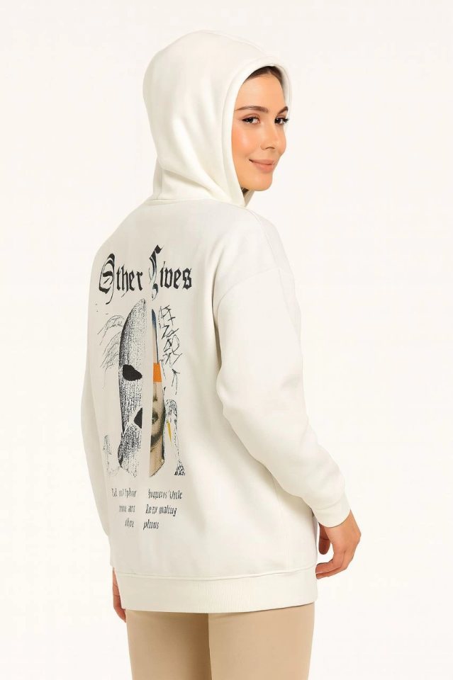 Girince 174980 Oversized White Hooded Sweatshirt