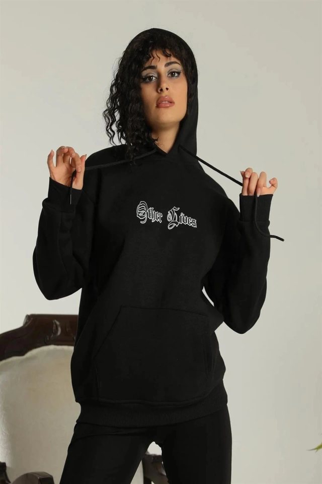 Girince 174979 Black Oversized Hooded Sweatshirt