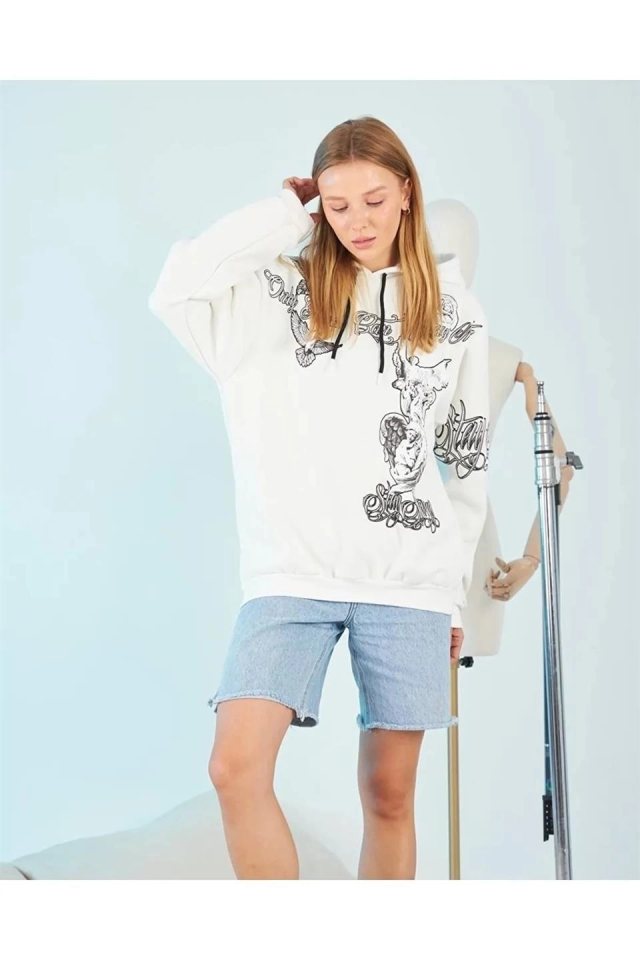 Girince 174971 Hooded Sweatshirt – White, Strong Statue Print