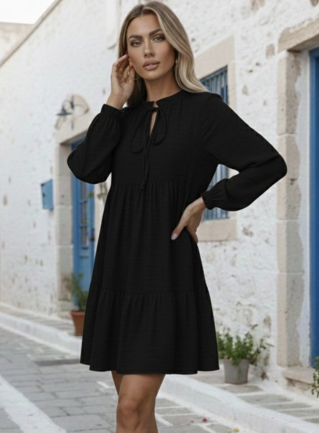 Girince 174929 Women's Long-Sleeve Tie-Neck Ruffle Linen Mini Dress