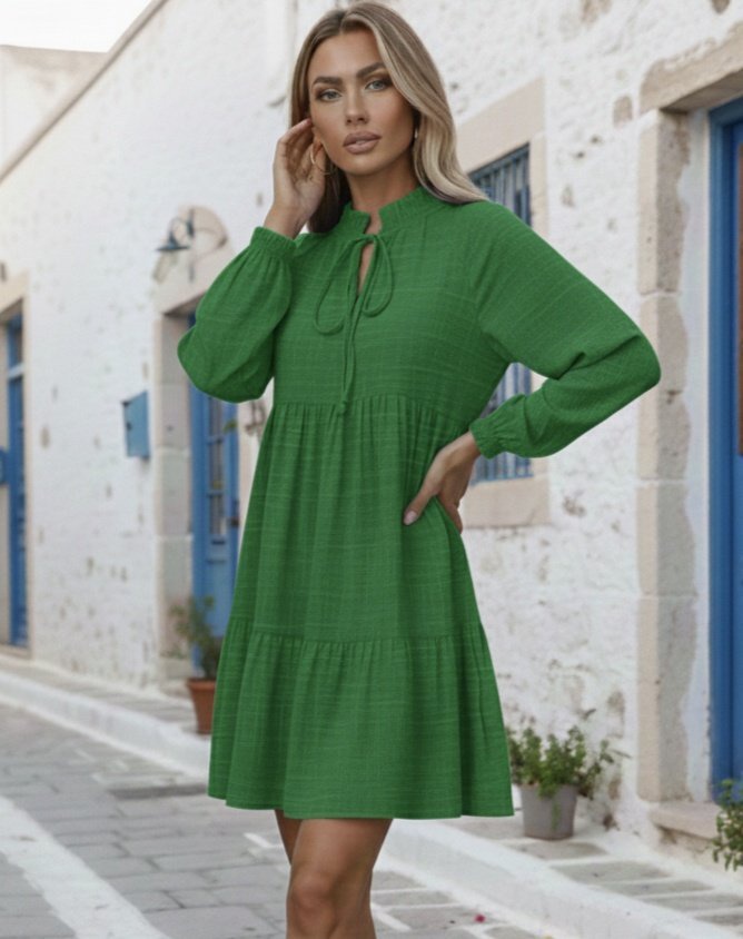 Girince 174928 Women's Long-Sleeve Tie-Neck Ruffle Linen Mini Dress