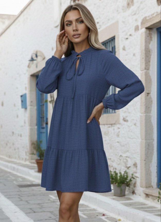 Girince 174927 Women's Long-Sleeve Tie-Neck Ruffle Linen Mini Dress