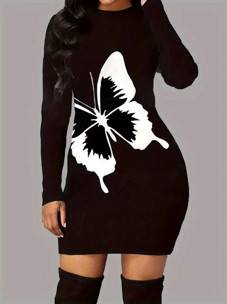 Girince 174749 Women's Long-Sleeve Butterfly-Print Short Dress
