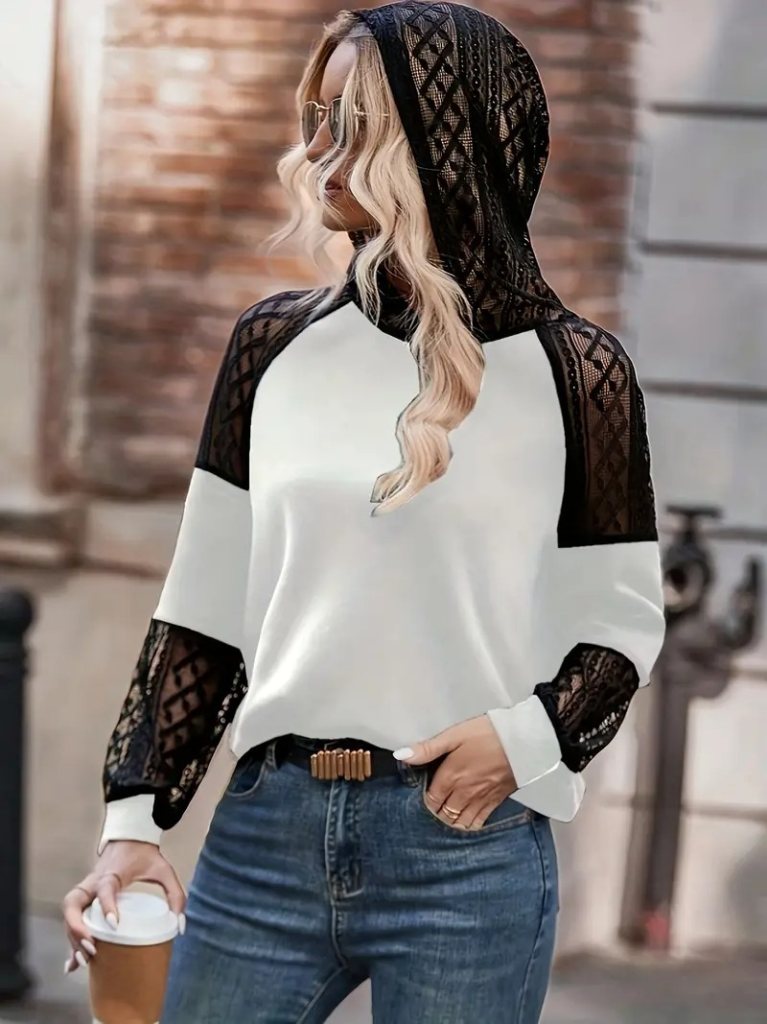 Girince 174669 Women's Long-Sleeve Lace Hooded Viscose Blouse