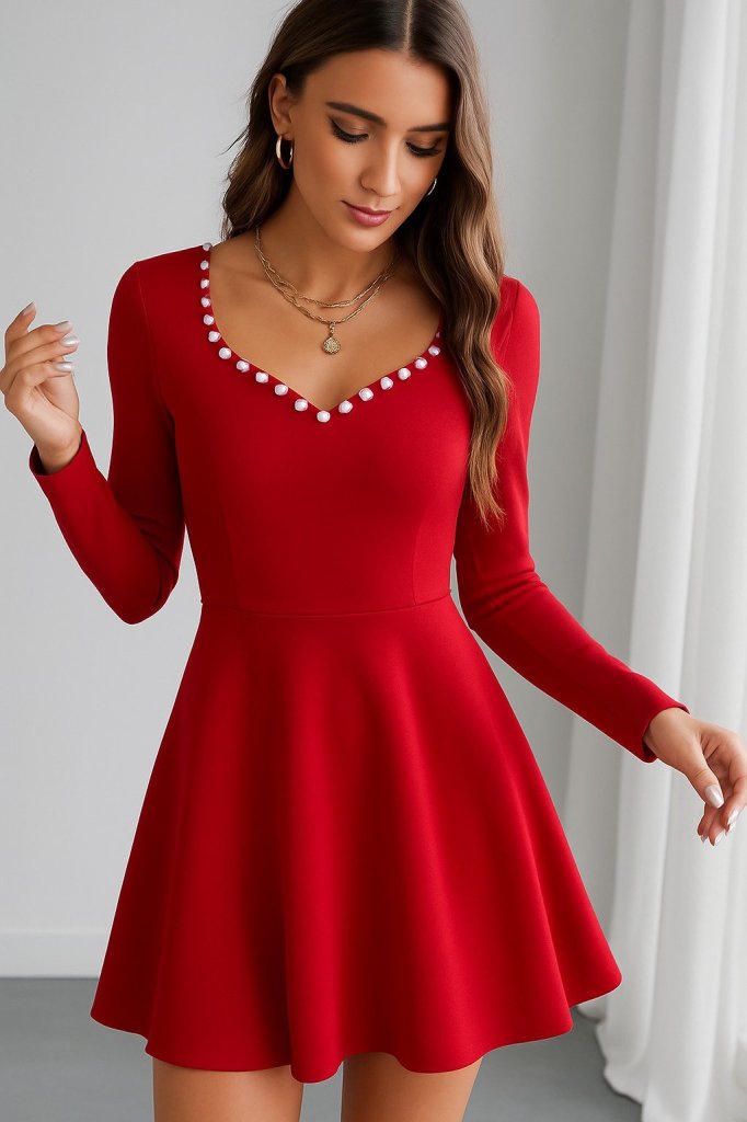 Girince 174609 Women's Long-Sleeve Short Dress with Pearl-Detail Neckline