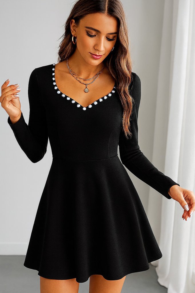 Girince 174608 Women's Long-Sleeve Short Dress with Pearl-Detail Neckline
