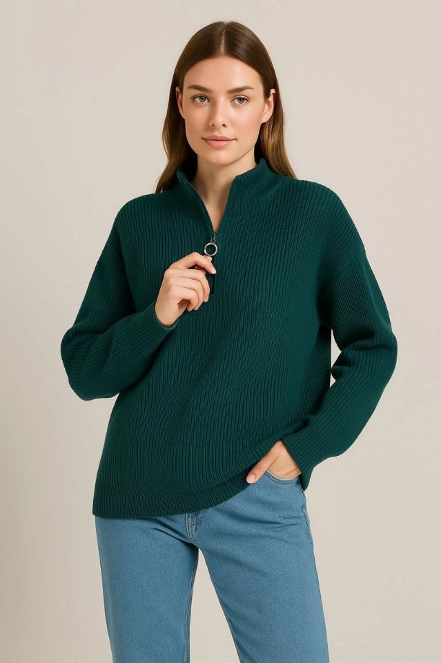 Girince 174455 Women's Half-Zip Knit Sweater - Khaki