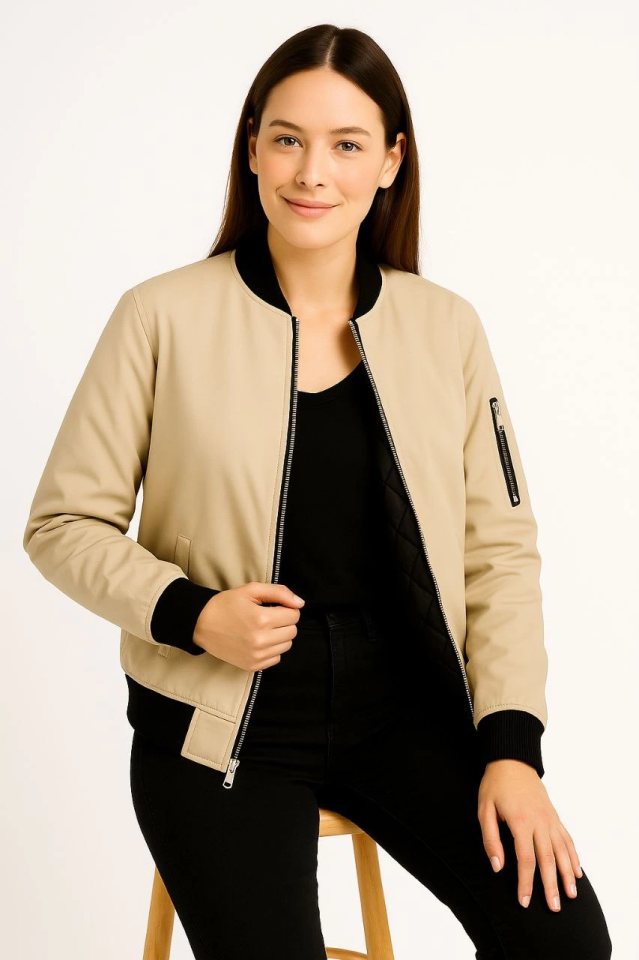 Girince 173998 Beige Lined Zip Bomber Jacket