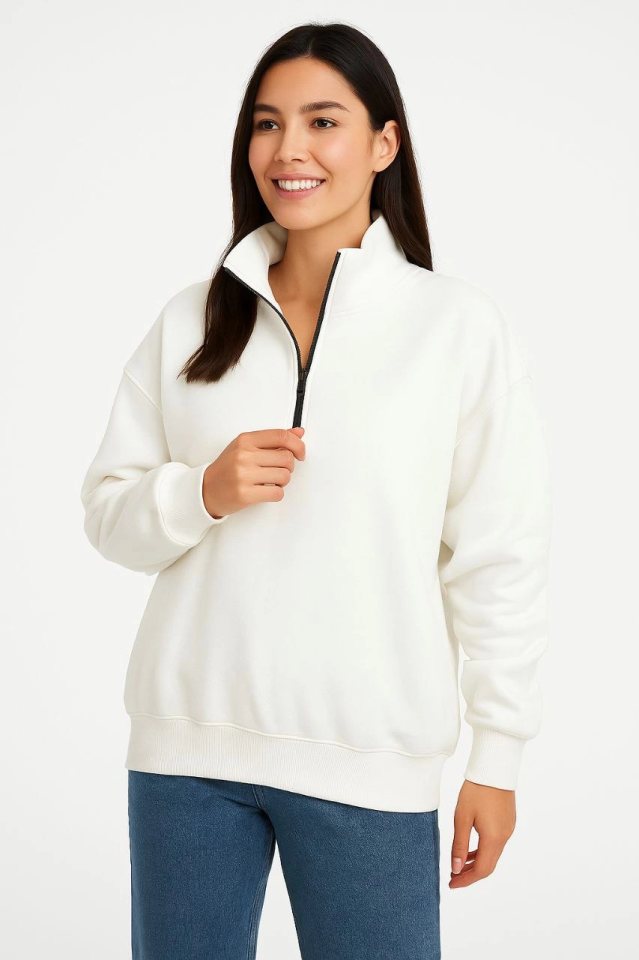 Üç İplik Dık Yaka Yarım Fermuarlı SweatShirt - Beyaz