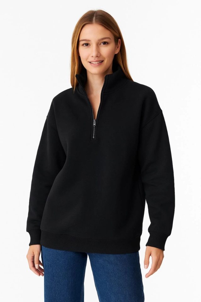 Üç İplik Dık Yaka Yarım Fermuarlı SweatShirt - Siyah