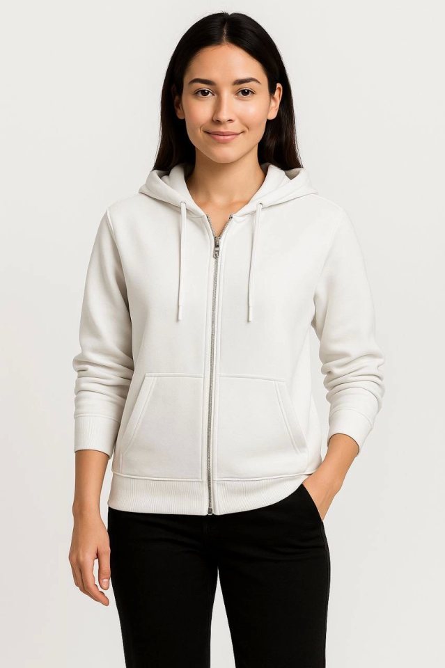 Üç İplik Kapüşonlu Tam Fermuarlı Kanguru Çepli SweatShirt Hoodie - Beyaz