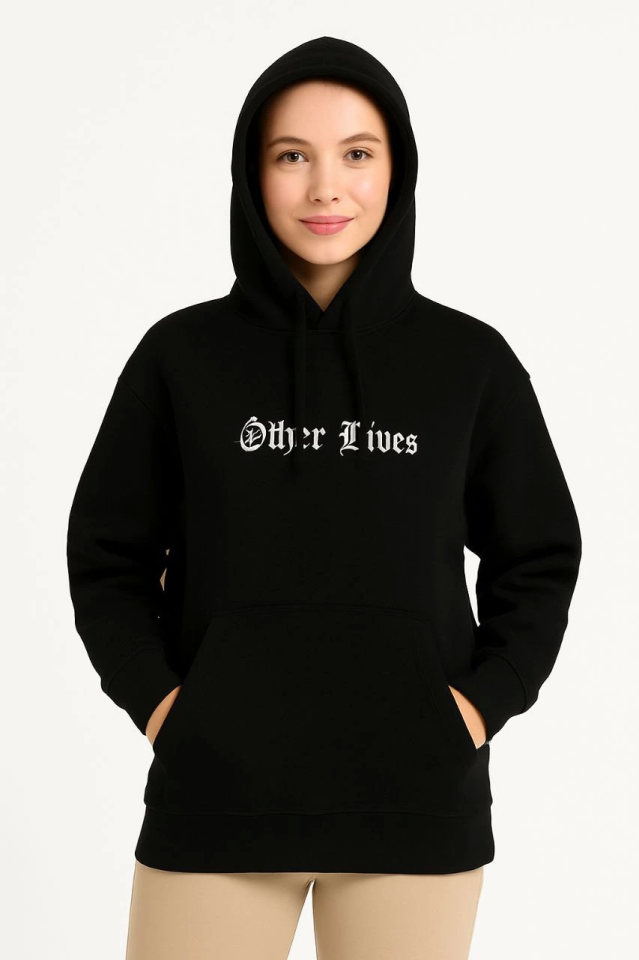 Üç İplik Kapşonlu ön Ve Arka Baskılı SweatShirt Hoodie- Siyah