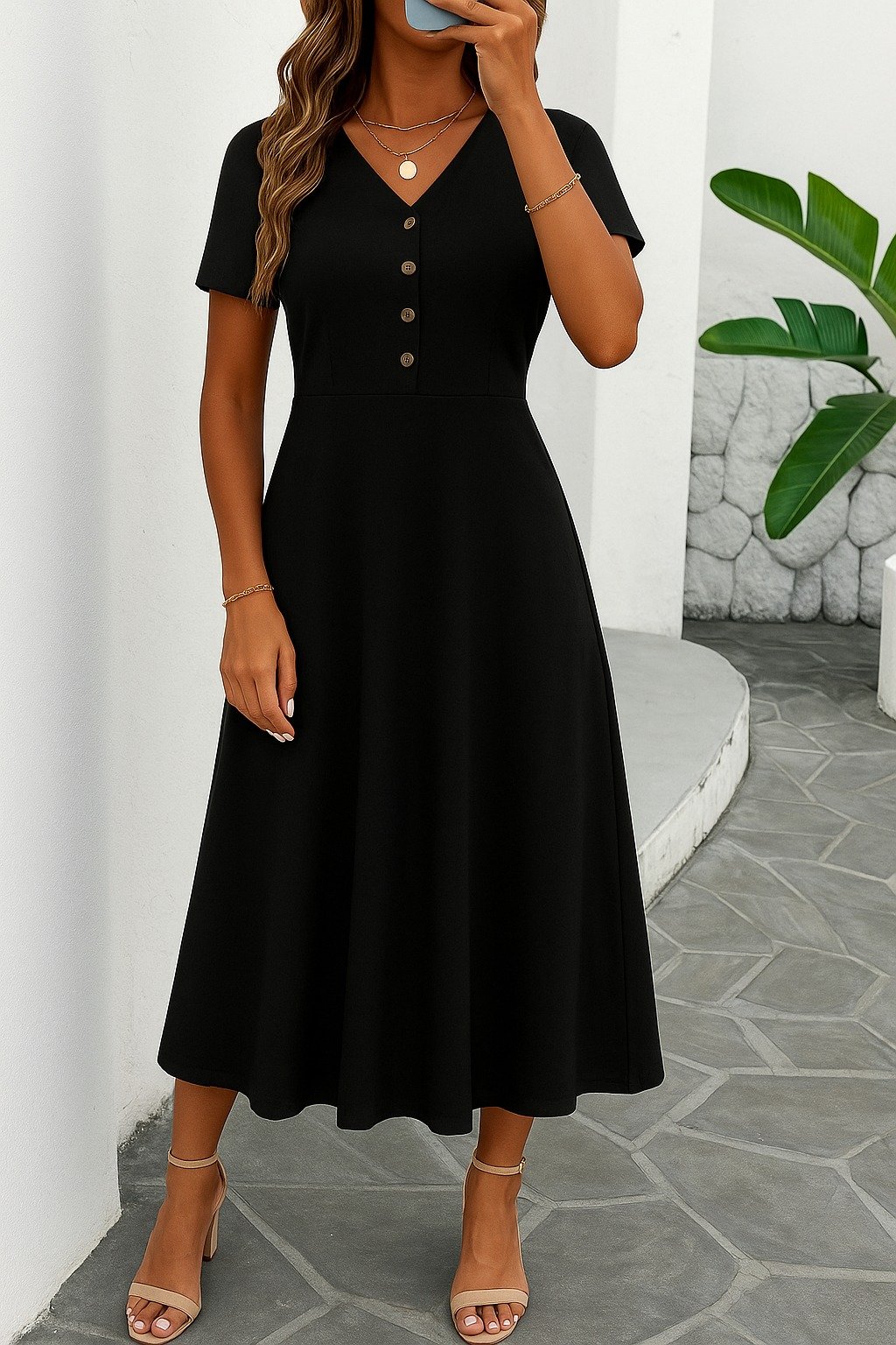 Girince 170717 Women's Short-Sleeve V-Neck Midi Viscose Dress