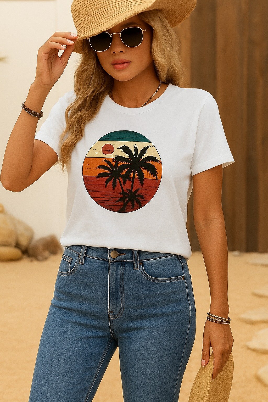 Girince 170512 Women's Short-Sleeve Palm Print Viscose T-Shirt