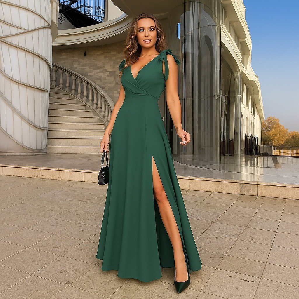 Girince 170005 Women's Strappy Long Wrap-Neck Dress with Slit