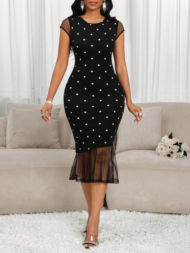Girince 169928 Women’s Short-Sleeve Polka Dot Tulle-Detail Dress