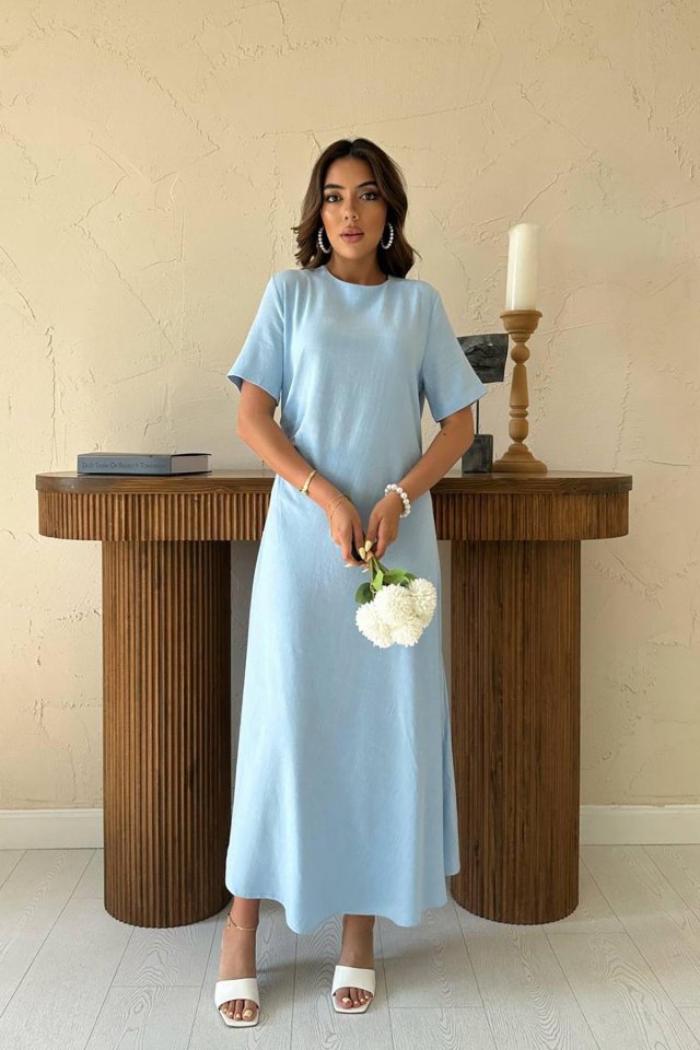 Girince 164387 Baby Blue Pleated Crew Neck Dress