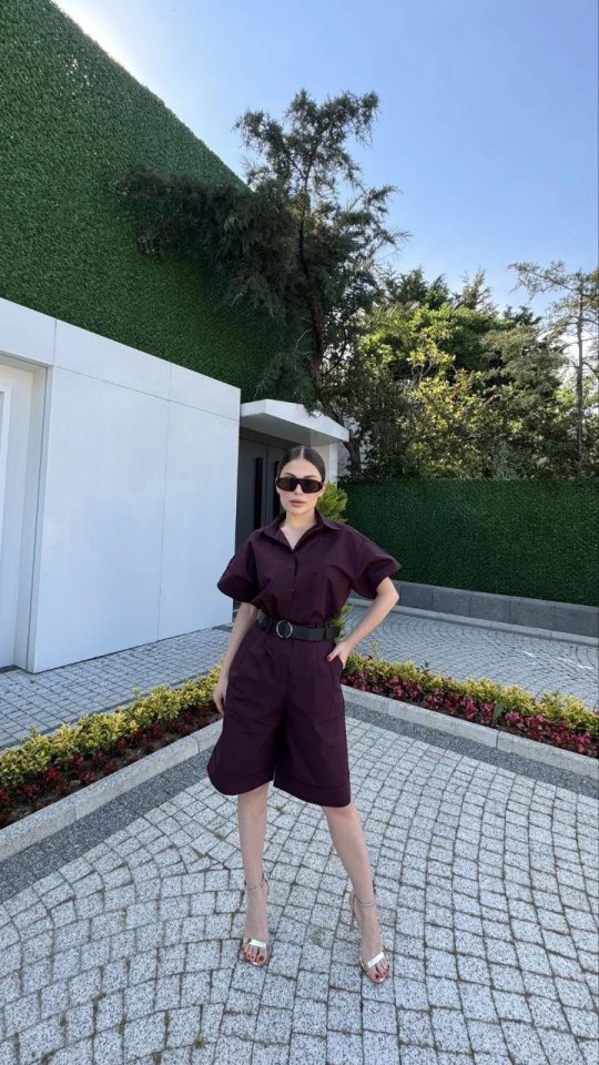 Girince 162889 Burgundy Collared Shirt and Belted Shorts Set