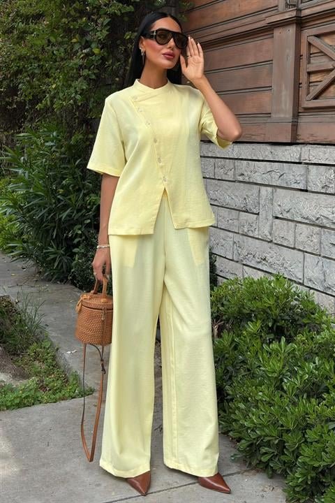 Girince 10209 Mandarin-Collar Button-Front Top and Palazzo Pants Set