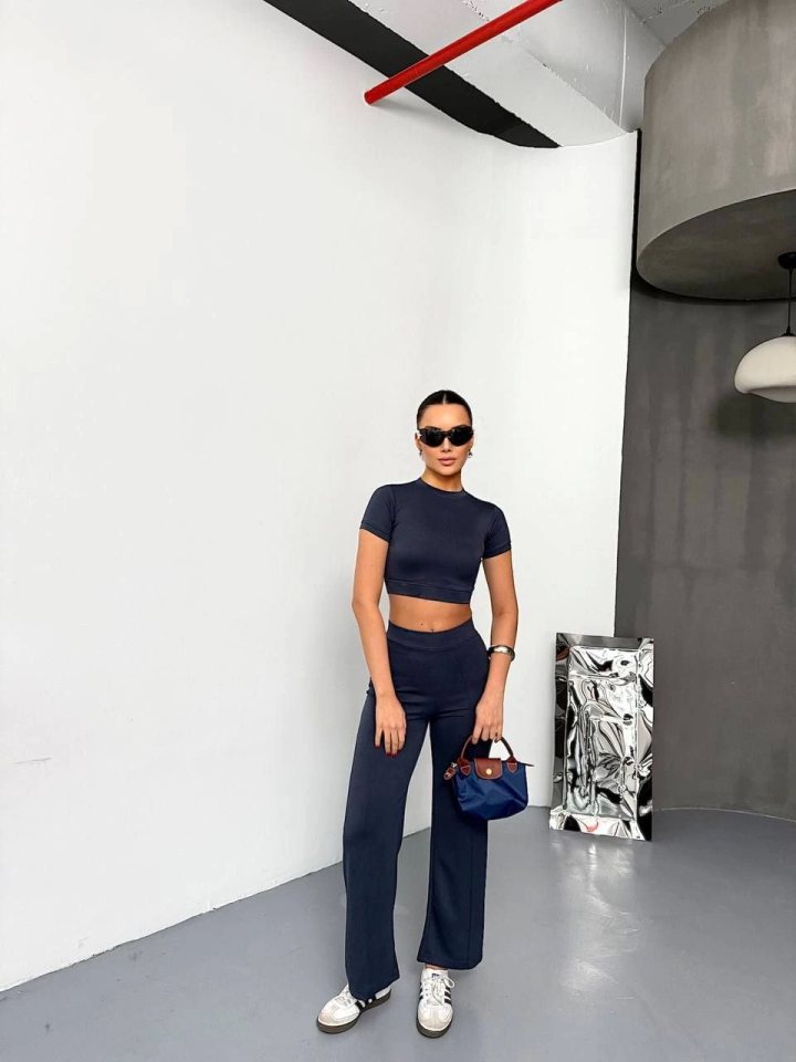 Girince 162226 Modal Crop Top and Flared Trousers Set - Smoke Grey
