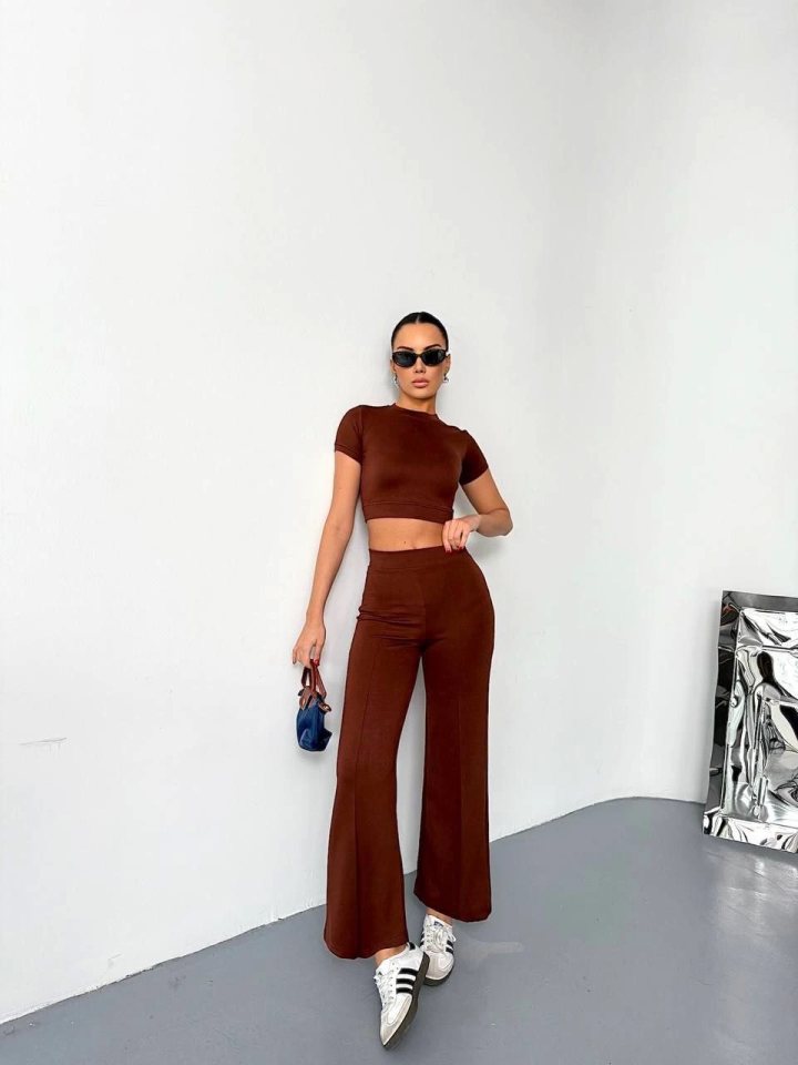 Girince 162223 Osy Modal Short-Sleeve Crop Top and Flared Trousers Set - Brown