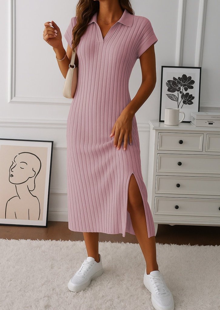 Girince 162178 Women's Ribbed Polo-Collar Dress with Side Slits