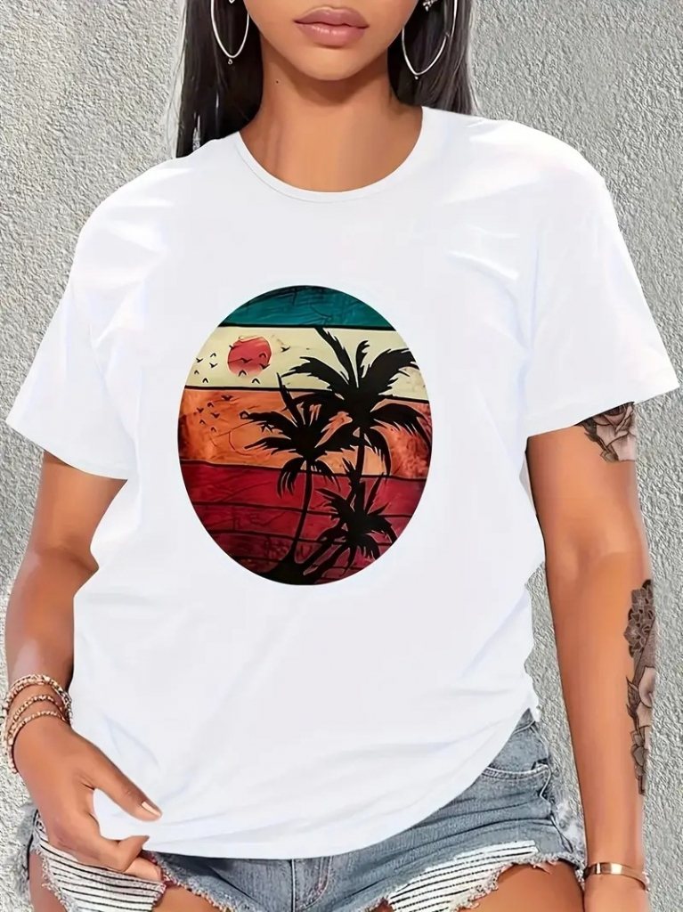 Girince 161924 Women's Short-Sleeve Palm Print Viscose T-Shirt