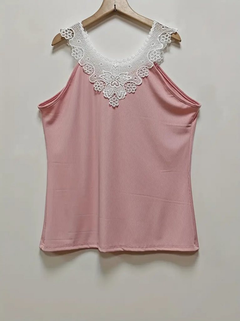 Girince 161681 Sleeveless Women's Ribbed Blouse with Lace Neckline