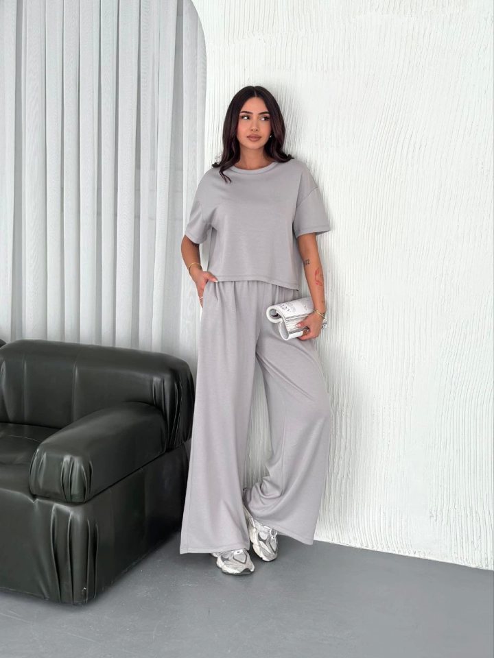 Girince Osy Crew-Neck T-Shirt and Wide-Leg Trousers Set, Dyed Grey