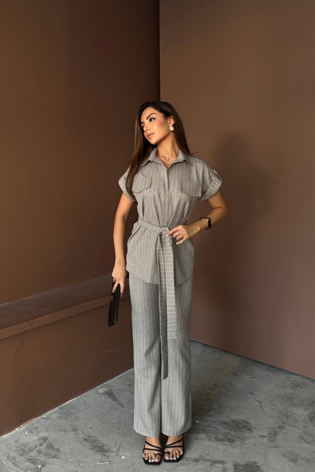 Girince 159630 Striped Blouse and Trousers Set – Grey