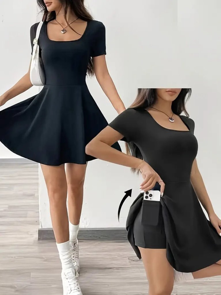 Girince 159133 Short-Sleeve Square-Neck Dress with Shorts Detail