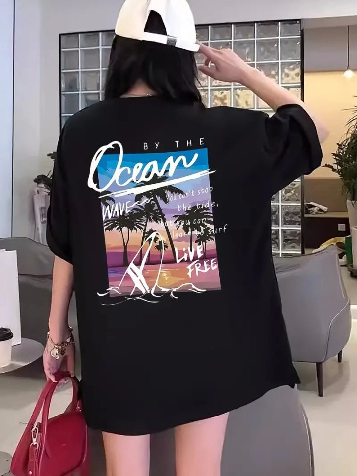 Girince 159033 Women’s Oversized Short-Sleeve Printed T-Shirt, Black