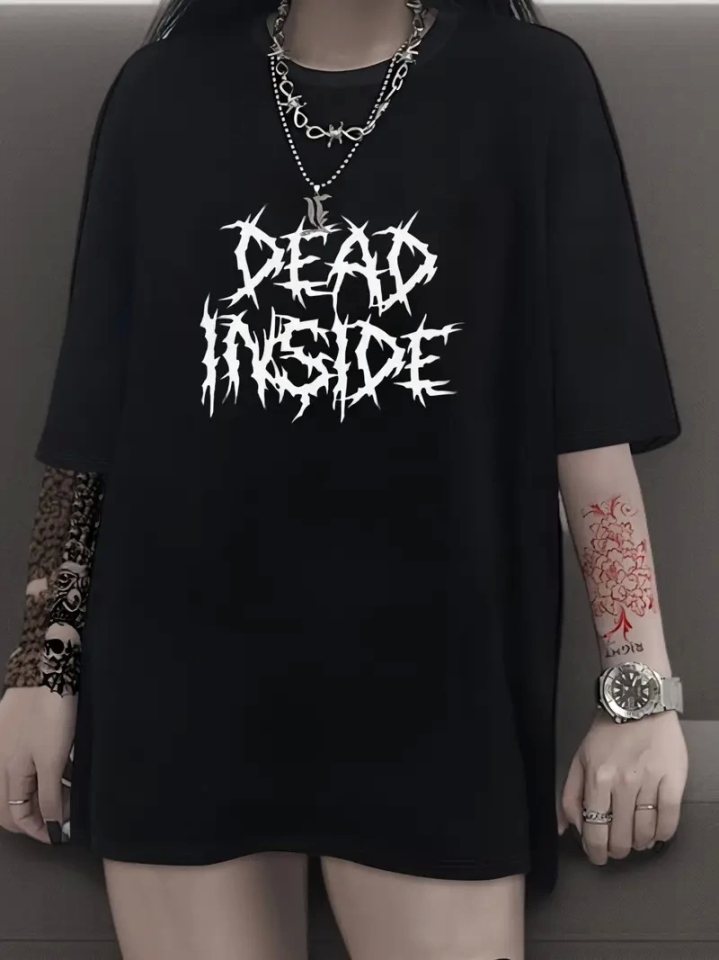 Baskılı Oversize Bisiklet Yaka T-shirt - Siyah