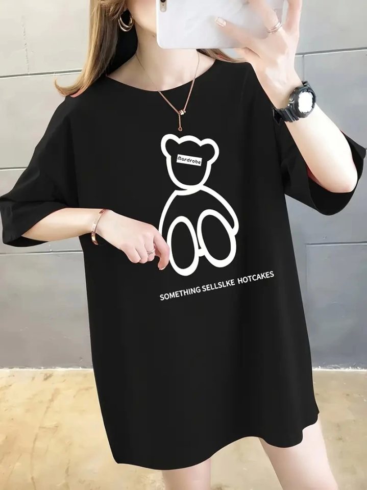 Baskılı Oversize Bisiklet Yaka T-shirt - Siyah