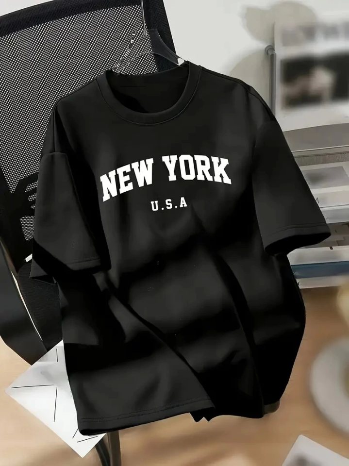 New York Baskılı Oversize Bisiklet Yaka T-shirt - Siyah